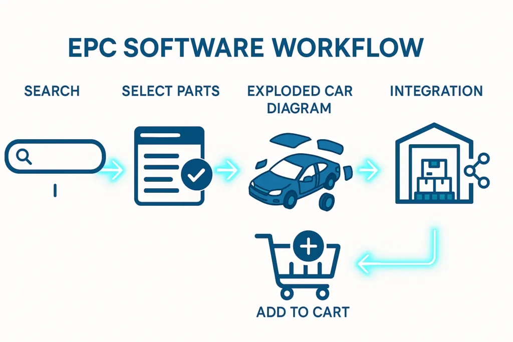 EPC software workflow infographic showing steps: search, select parts, view exploded car diagram, add to cart, and integration with warehouse system.