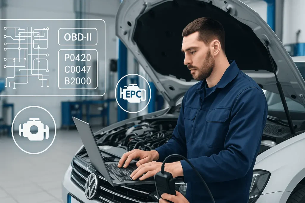 About Us page feature image showing mechanic using EPC software and diagnostic tools for modern car repair and troubleshooting.