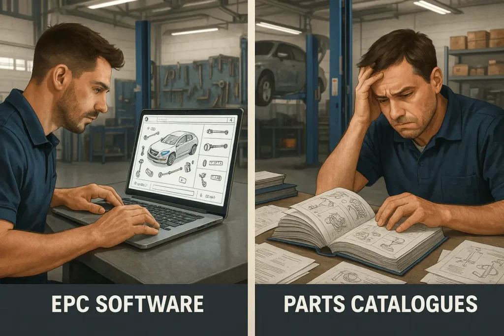 Comparison of EPC software vs traditional parts catalogues in an automotive workshop showing digital efficiency versus manual parts searching.