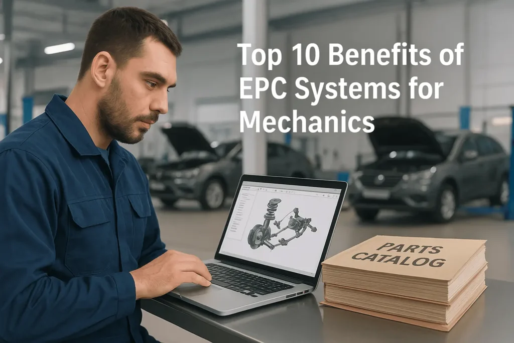 Benefits of EPC Systems for Mechanics: feature image showing mechanic using EPC software on a tablet with 3D car parts diagram and icons of key benefits