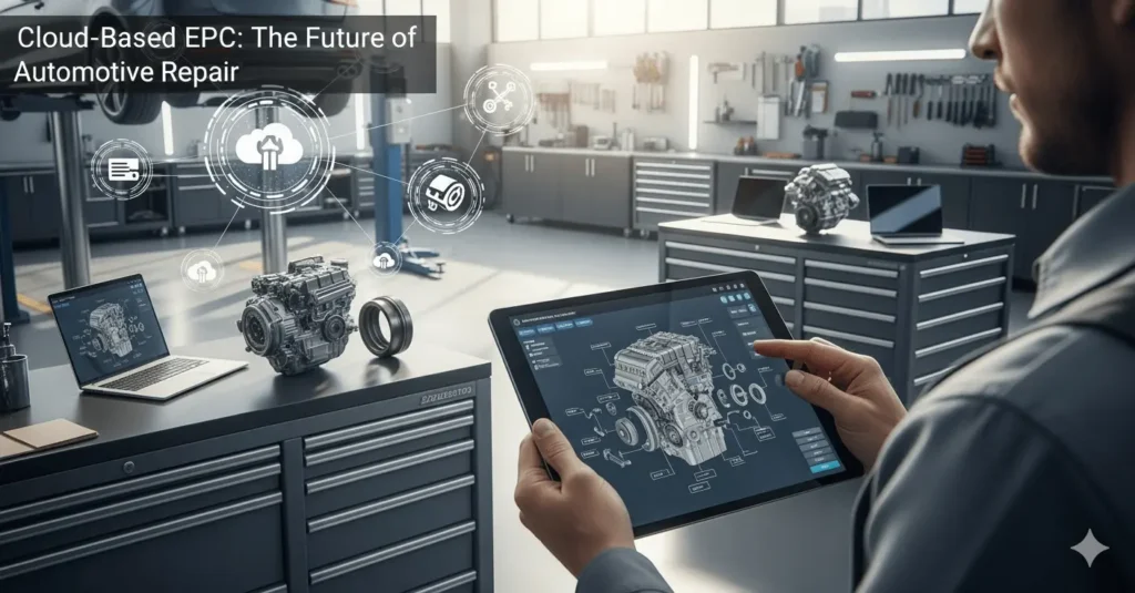 A mechanic using cloud-based EPC software with 3D car parts diagrams in a modern automotive repair workshop.