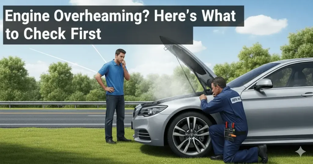 Car engine overheating with steam coming from under the hood, showing what to check first for overheating engine issues.