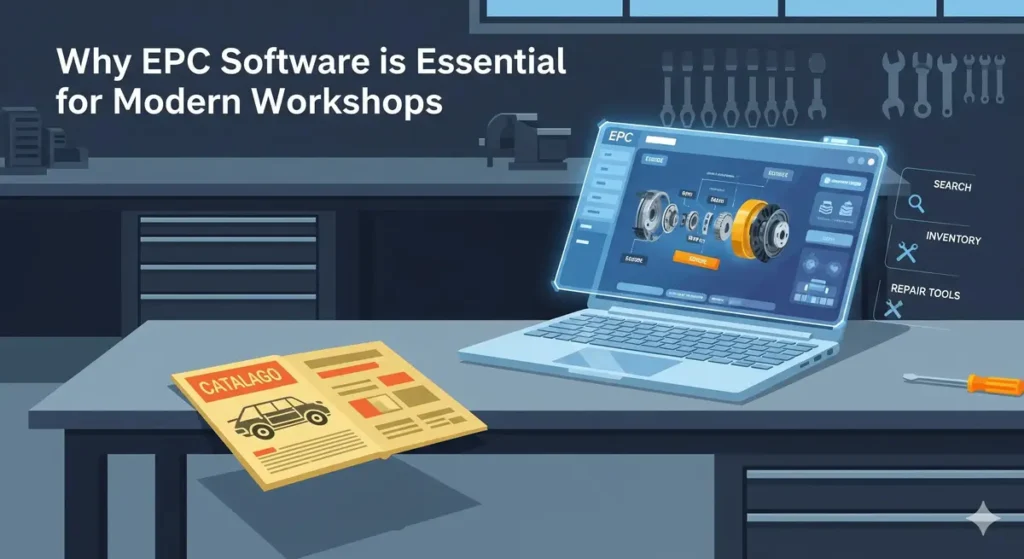 Illustration of EPC software on a laptop in a modern workshop, showing digital car parts catalog, search, inventory, and repair tools features, highlighting why EPC software is essential for automotive workshops.