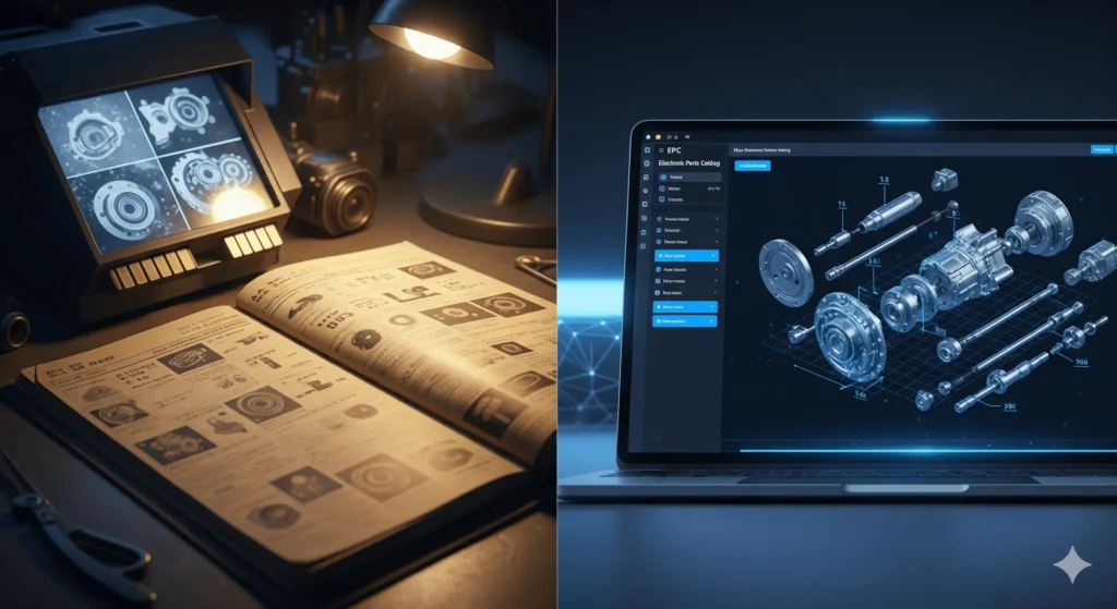 EPC Software vs Traditional Parts Catalogues comparison: modern digital electronic parts catalogue on a laptop with 3D exploded mechanical components vs traditional printed catalogue.