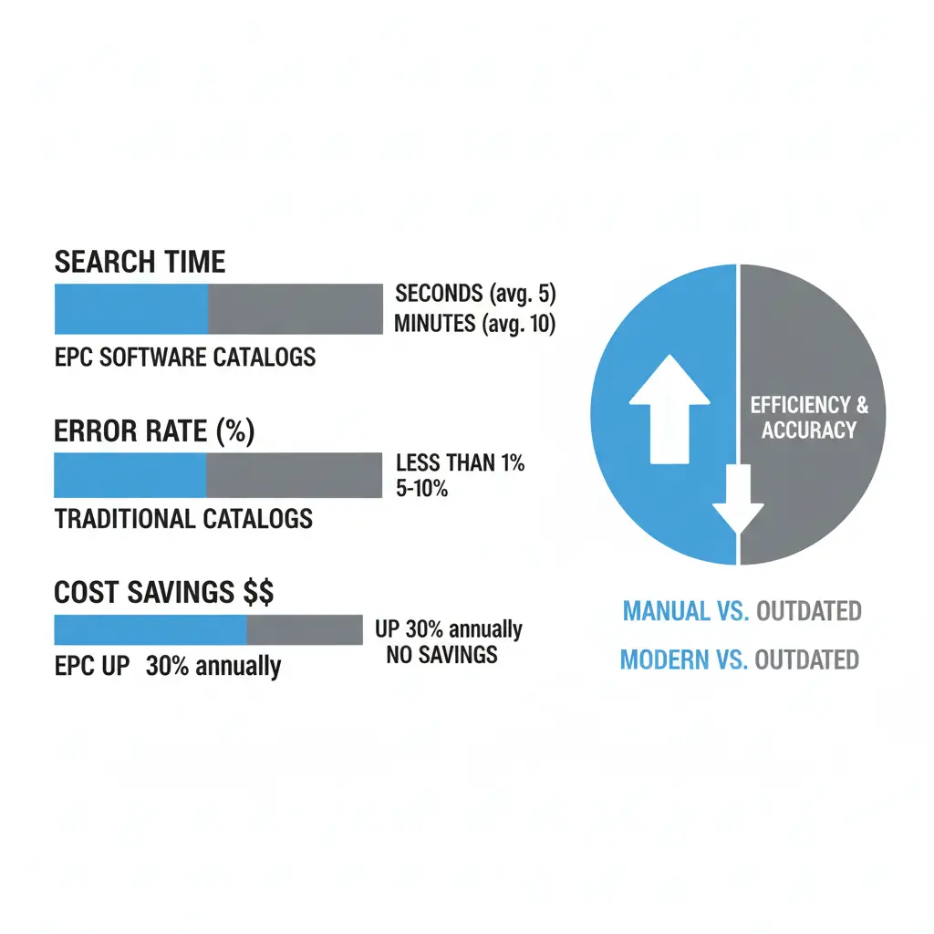 Why EPC Software is Essential for Modern Workshops: infographic showing cost and time savings compared to traditional catalogs.