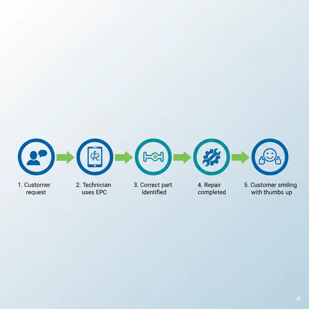 Customer experience infographic highlighting Benefits of EPC Systems for Mechanics in improving first-time fix rates and customer trust.