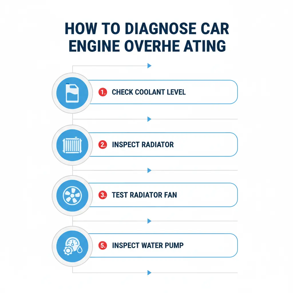 Engine Overheating infographic checklist showing five steps: check coolant level, inspect radiator, test radiator fan, check thermostat, and inspect water pump with modern flat icons.