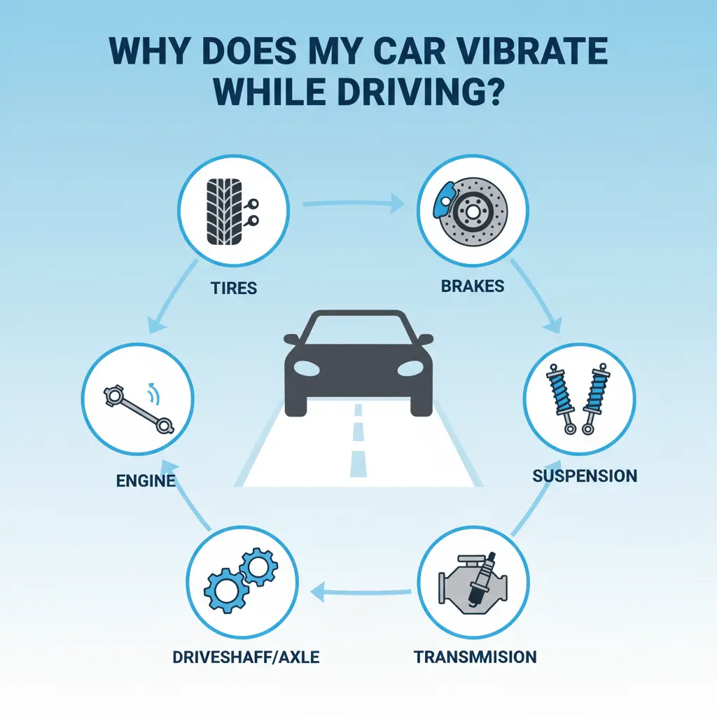 Infographic showing common causes of car vibration while driving: tire issues, brake problems, suspension faults, engine misfires, transmission troubles, and driveshaft or axle damage.