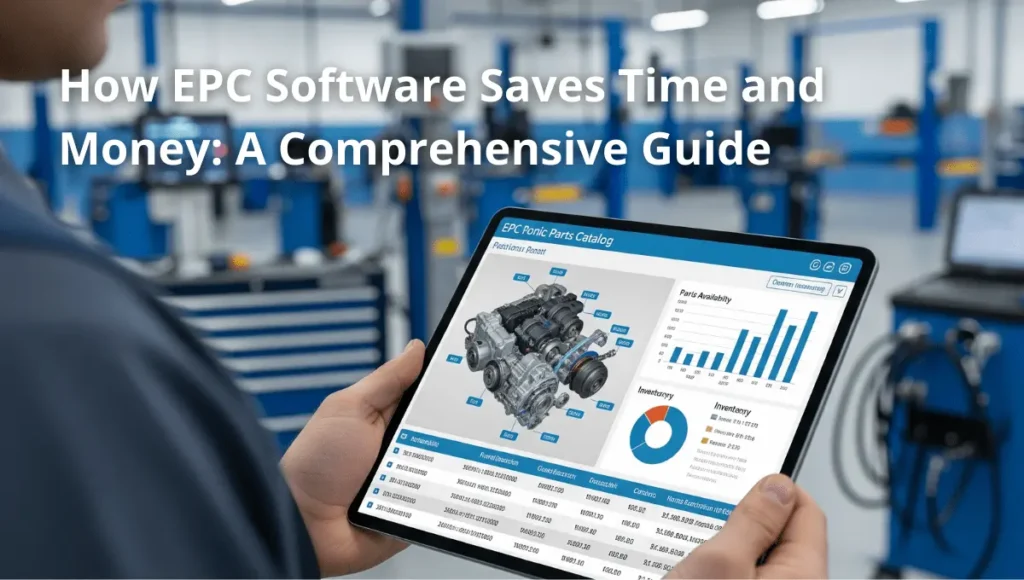 Mechanic using electronic parts catalog (EPC) software on a tablet in a modern automotive workshop, identifying parts quickly and efficiently – demonstrating how EPC Software Saves Time and Money.