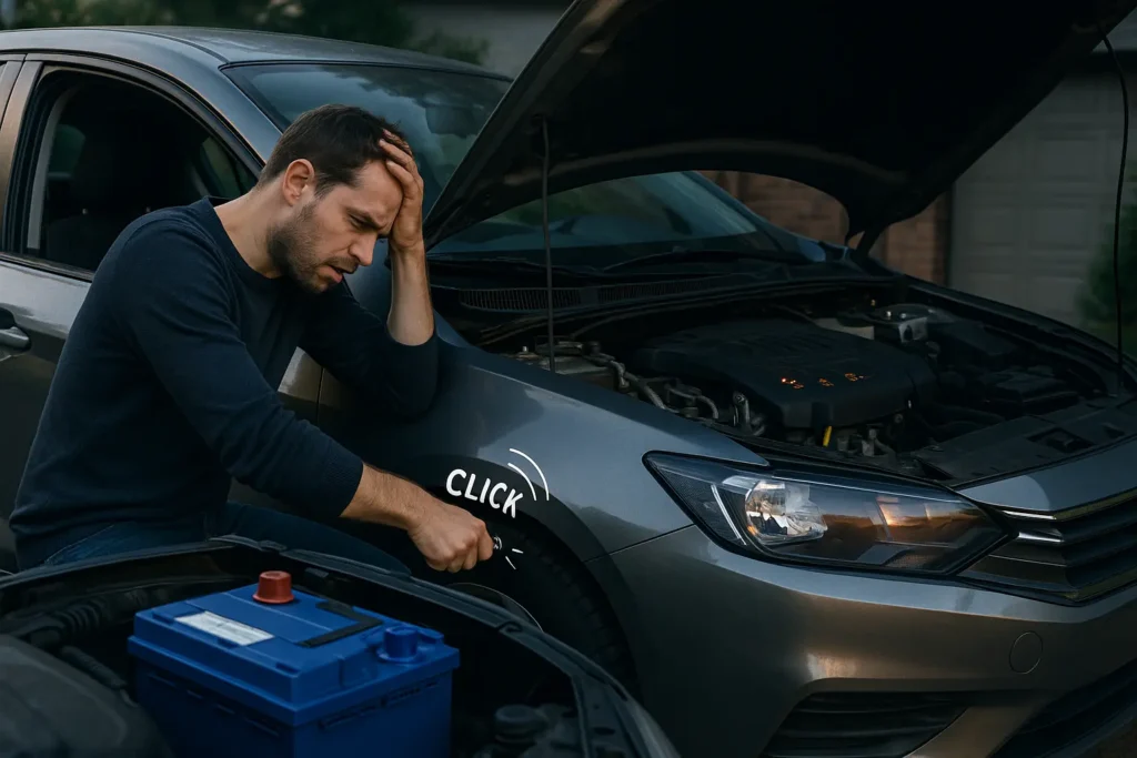Frustrated driver attempting to start a car that won’t crank despite a fully charged battery, showing key in ignition and dim dashboard lights