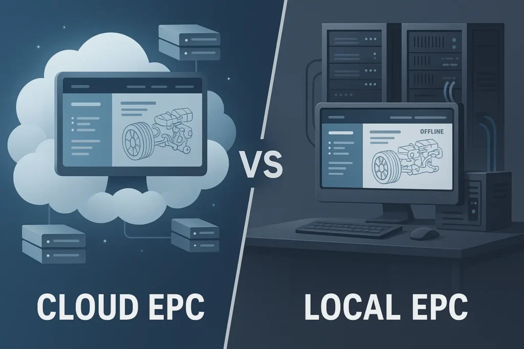 Cloud EPC vs Local EPC illustrated comparison showing the difference between cloud-based and local Electronic Parts Catalogue systems for automotive businesses.