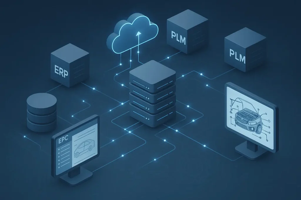 EPC Architecture illustration showing EPC components and data flow between ERP systems, databases, and the user interface.