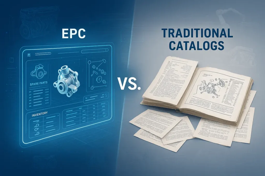 EPC Software vs Traditional Catalogs: Digital Electronic Parts Catalog interface compared with a traditional paper catalog, showing 3D spare parts models and inventory for automotive, aerospace, manufacturing, and heavy machinery industries.