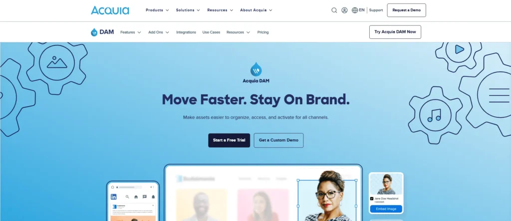 Best EPC Software: Acquia DAM homepage hero banner showing woman selecting digital assets for web and LinkedIn integration.