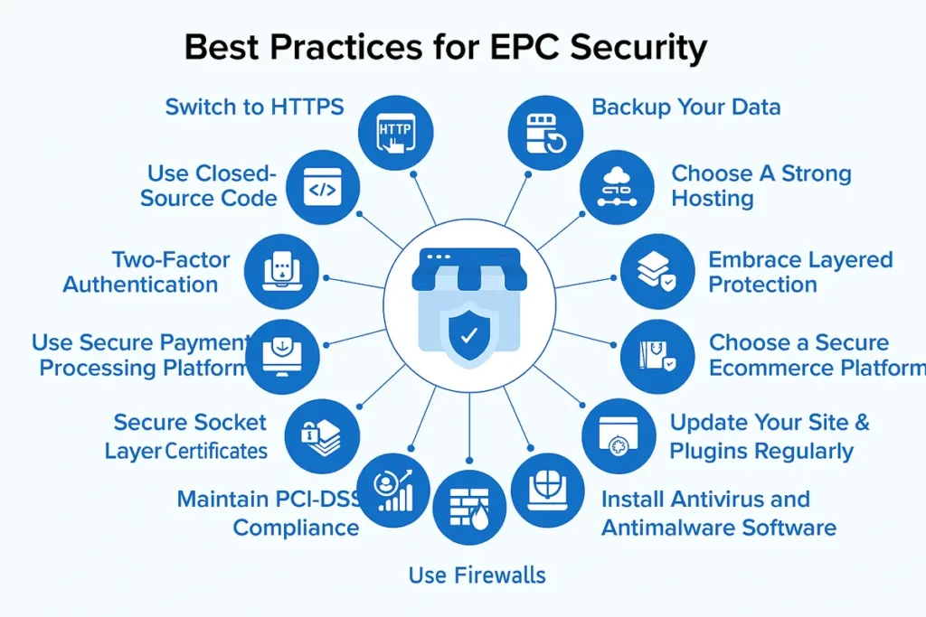 Best Practices for EPC Security infographic showing key data protection measures such as HTTPS, firewalls, antivirus software, two-factor authentication, PCI-DSS compliance, and secure hosting for Electronic Parts Catalog systems.