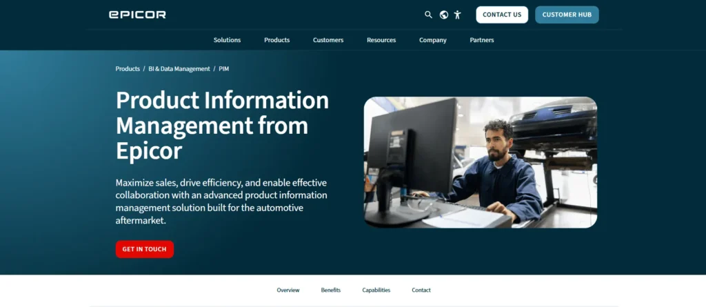 EPC Software for Automotive: Epicor PIM homepage banner displaying consistent data publishing for e-catalogs and aftermarket marketplaces.