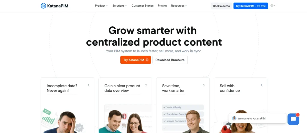 Best EPC Software: Katana PIM easy-to-use tool homepage for e-commerce inventory and product data management.