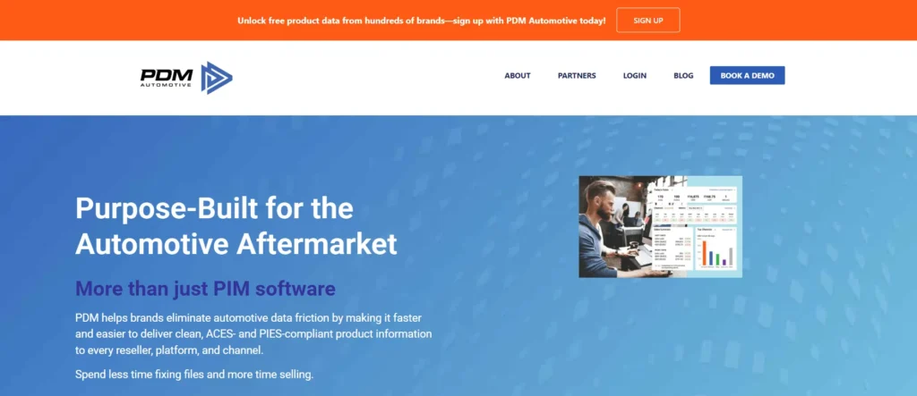 EPC Software for Automotive: PDM PIM platform homepage featuring ACES/PIES-compliant product data management for aftermarket brands.