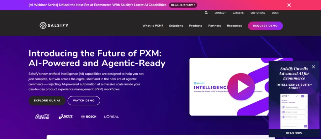 EPC Software for Automotive: Salsify PXM hero banner with AI-powered Intelligence Suite video thumbnail for aftermarket product experience.
