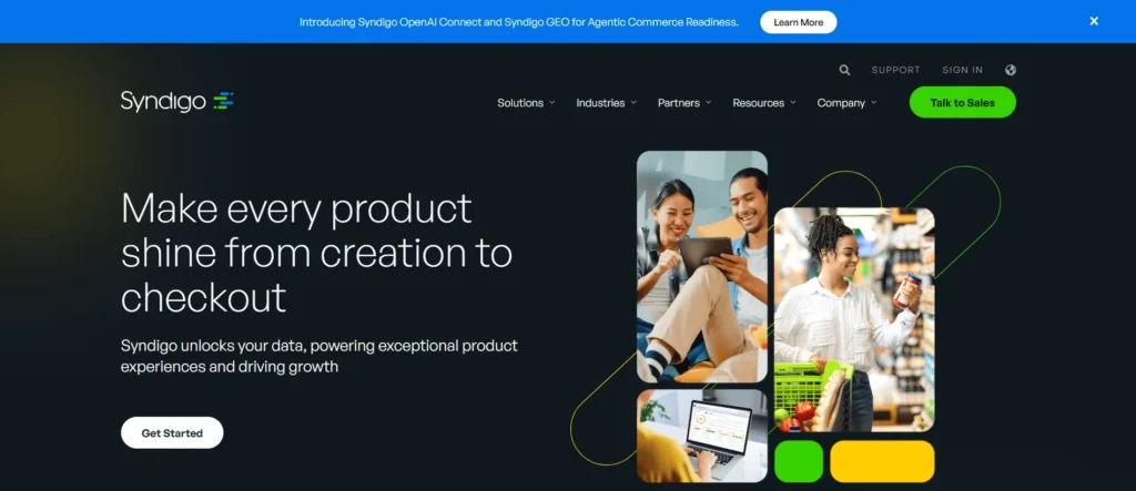 Best EPC Software: Syndigo Product Experience Cloud homepage showcasing content syndication and data governance for retail compliance.