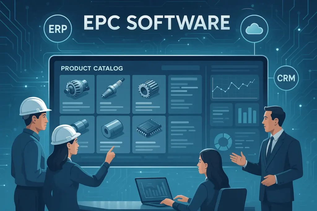 EPC Software dashboard displaying electronic product catalog with data analytics and cloud integration – modern digital business illustration for 2025.