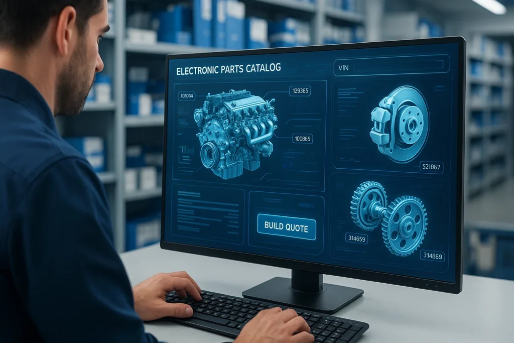 Technician using an Electronic Parts Catalog (EPC) on a computer to build a parts quote with detailed car diagrams and VIN lookup interface, Building a Parts Quote Using EPC.