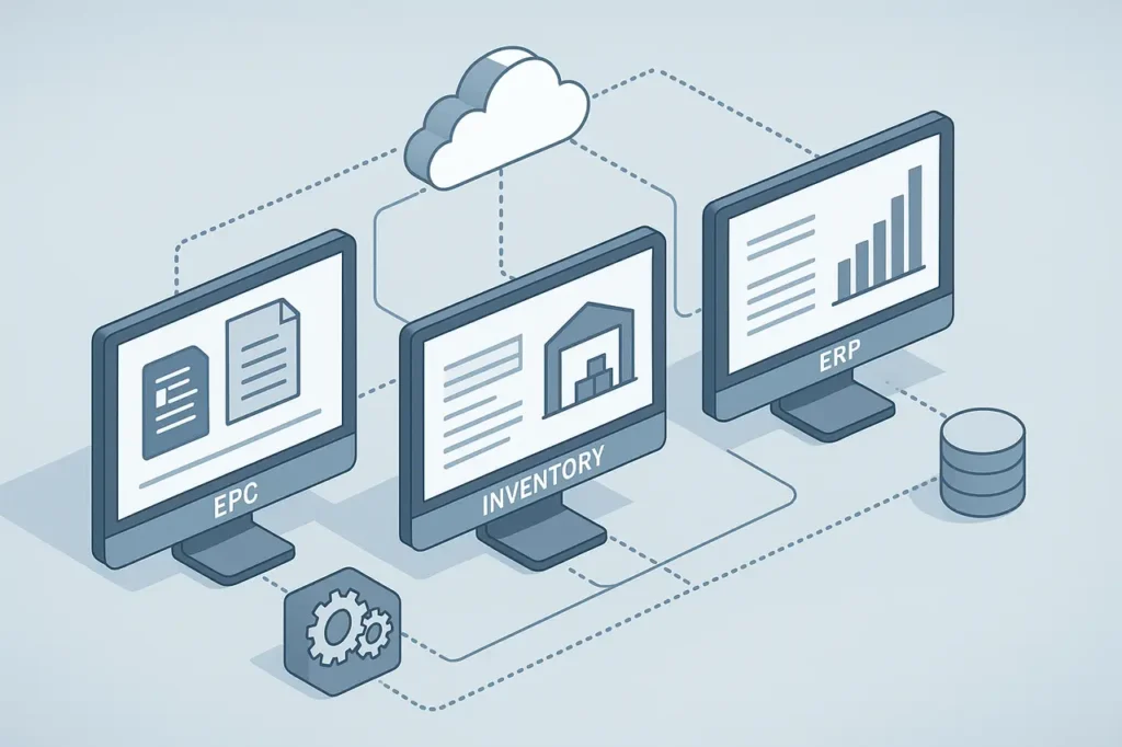Digital illustration of EPC integration with Inventory and ERP systems showing real-time data synchronization and connected dashboards.