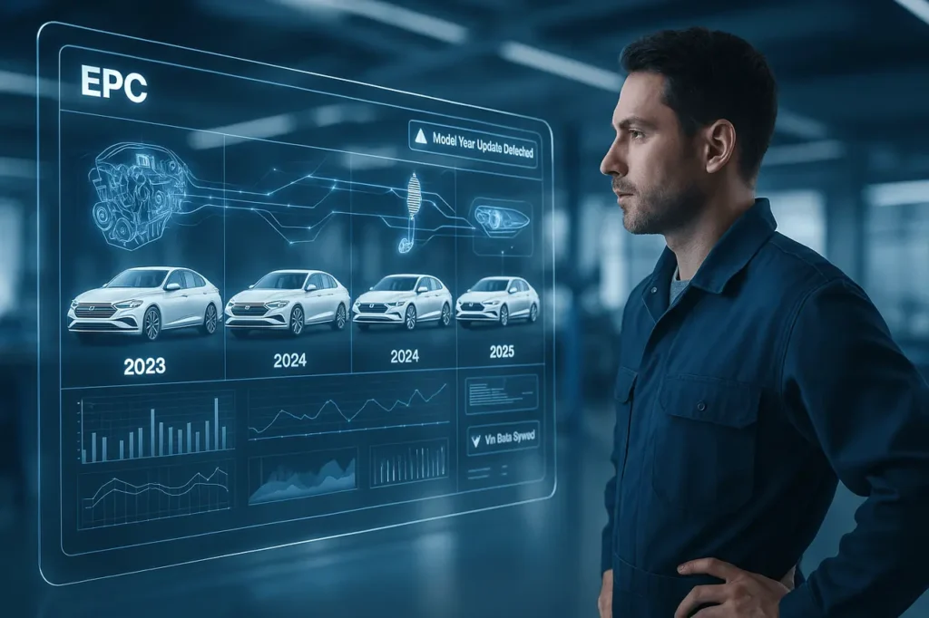 Futuristic EPC model year updates interface showing holographic car parts data and VIN synchronization.