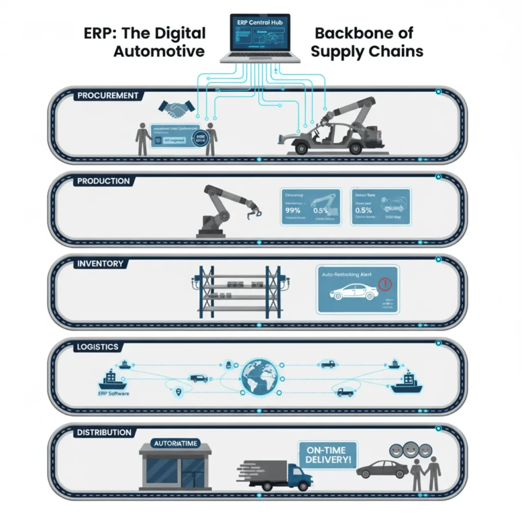 Infographic showing the Role of ERP in Automotive Supply Chain through connected stages of production, logistics, and distribution.