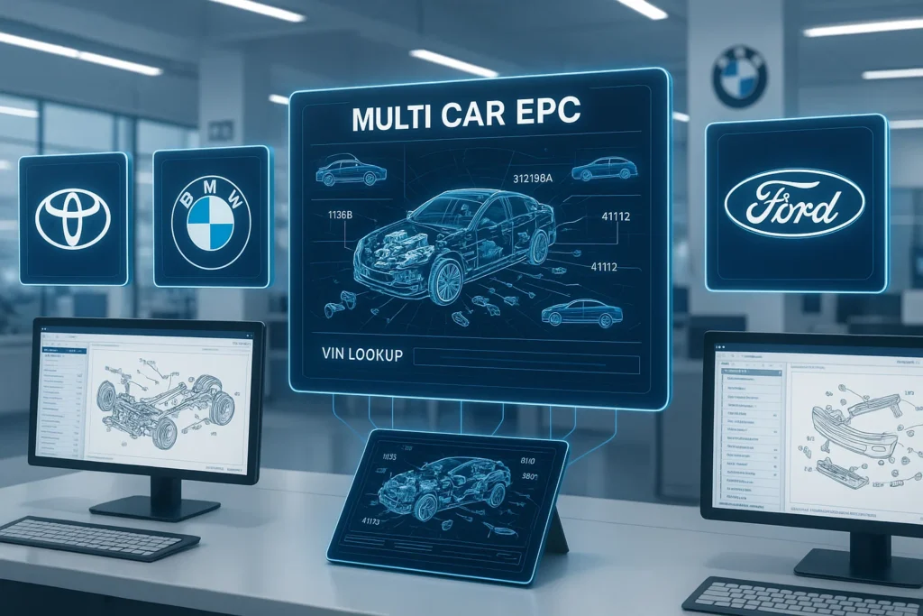 Multi Car EPC system managing multiple vehicle brands through a unified electronic parts catalog interface.