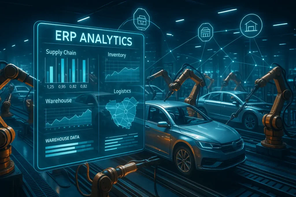Role of ERP in Automotive Supply Chain represented through digital factory automation and connected supply network visualization.