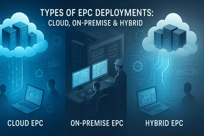 Feature image showing three EPC deployment types, Cloud, On-Premise, and Hybrid, represented through interconnected digital servers, cloud networks, and industrial control systems.