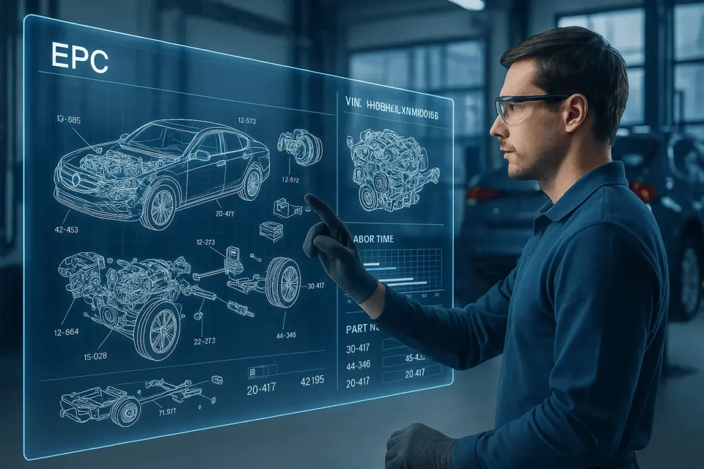 A mechanic using EPC to estimate labour and repair time through a digital parts catalog interface in a modern automotive workshop.