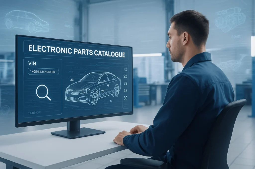 A mechanic using VIN lookup in an electronic parts catalogue system to find the correct automotive parts for a specific vehicle.