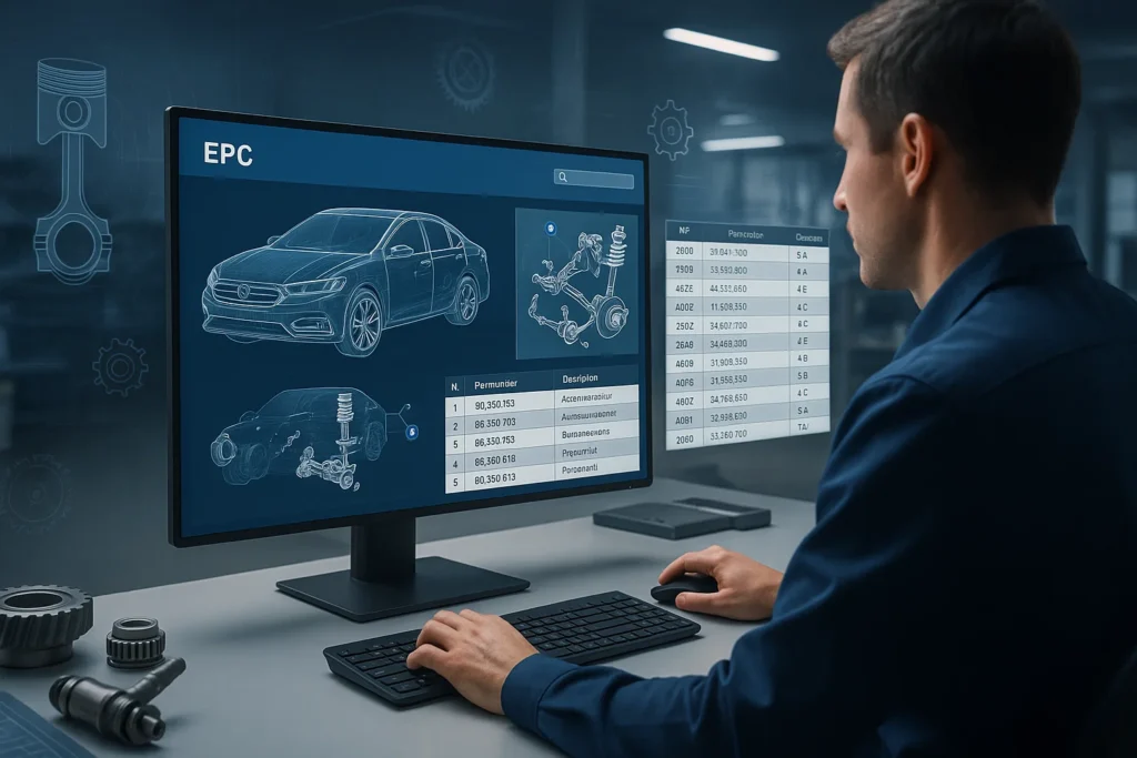 Electronic Parts Catalog (EPC) software interface displayed on a computer screen with vehicle diagrams and part details, used by a mechanic for digital parts identification and management.
