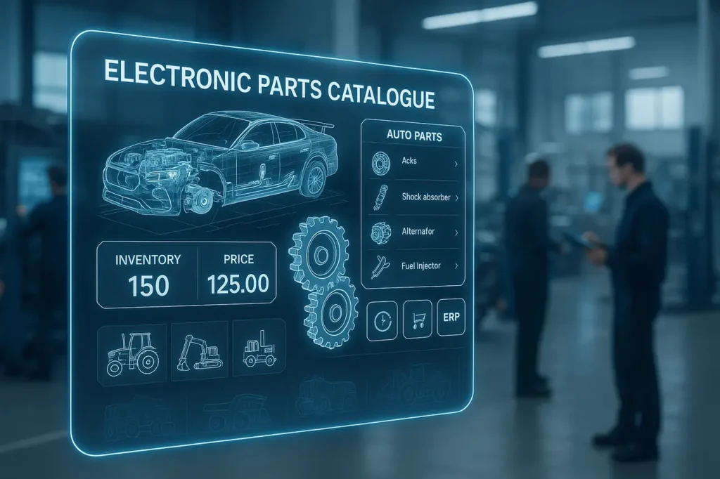Digital Electronic Parts Catalogue (EPC) system displaying 3D exploded parts diagrams, real-time data, and inventory management interface.