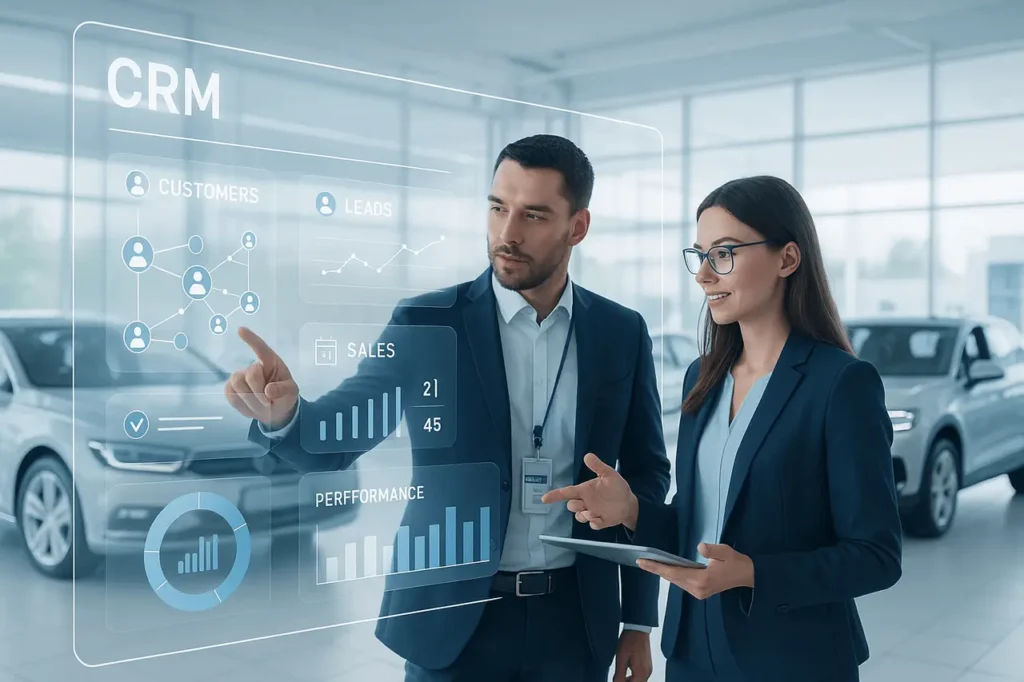 Automotive dealership team using a CRM system dashboard to manage leads, sales, and customer relationships, showcasing the benefits of CRM systems for automotive dealers.