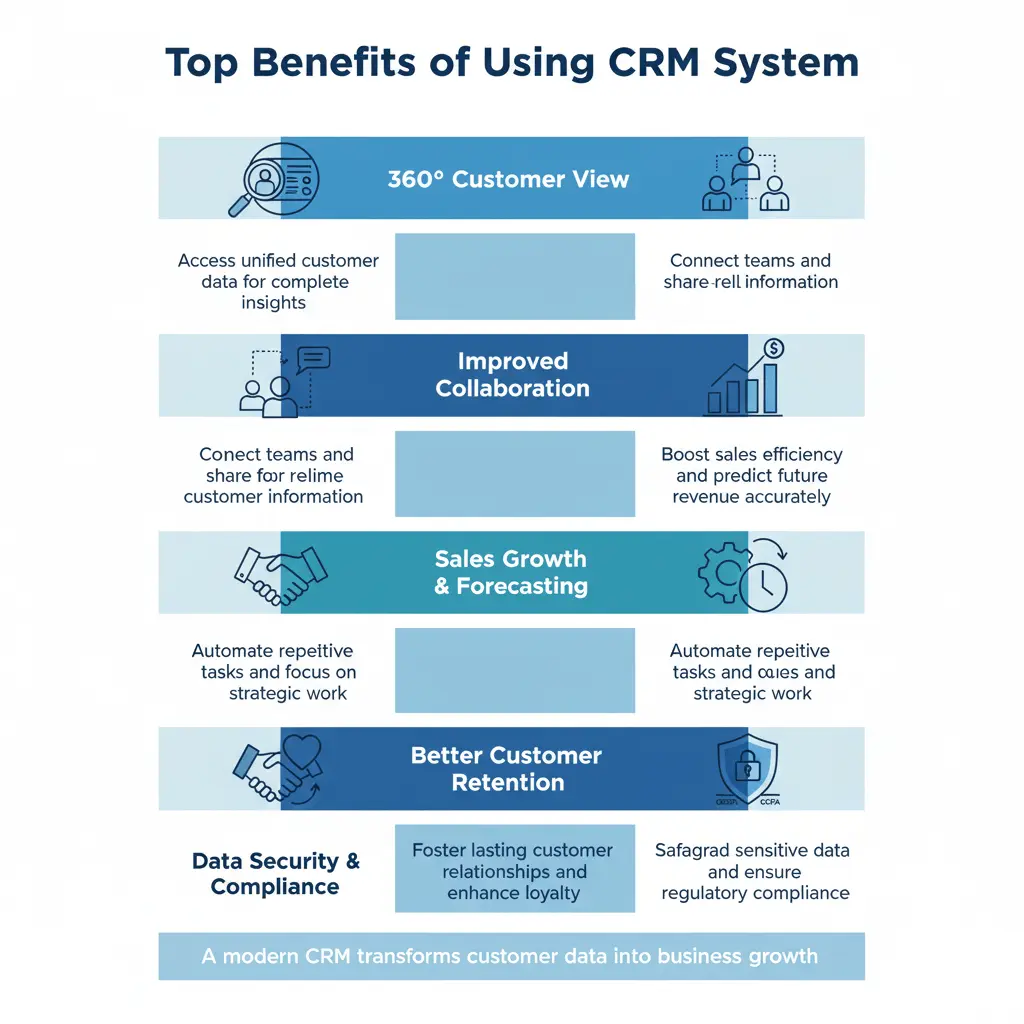 Top benefits of using a CRM System infographic highlighting automation, collaboration, sales growth, and customer retention advantages.