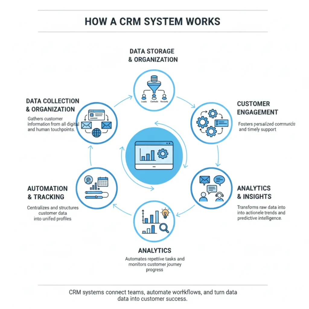 How a CRM System Works infographic showing data collection, automation, analytics, and customer engagement process.