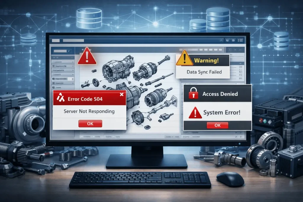 EPC error codes and Electronic Parts Catalogue system errors displayed on a digital EPC interface with parts diagrams and warning alerts.