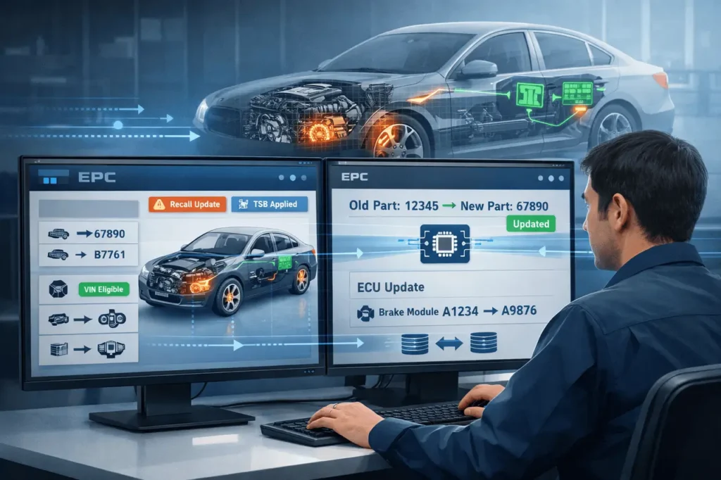 Updating EPC after vehicle recalls and TSBs showing electronic parts catalogue updates and recall-related part supersessions.