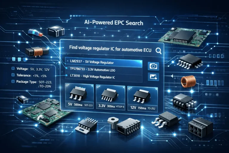 AI-powered EPC Search interface showing intelligent electronic parts catalogue discovery.