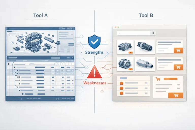 Electronic Parts Catalogue (EPC) comparison showing Tool A vs Tool B with strengths and weaknesses in a side-by-side EPC software interface.