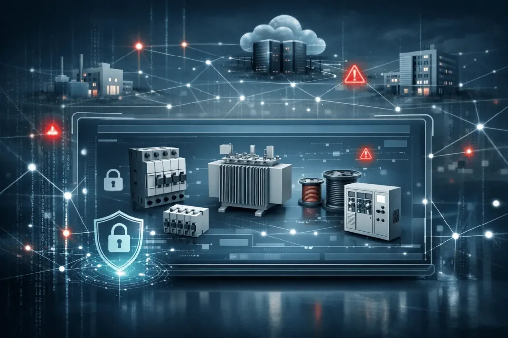Cybersecurity risks in EPC systems shown through a secure digital electric product catalog connected to a networked electrical supply chain with cyber threat indicators.