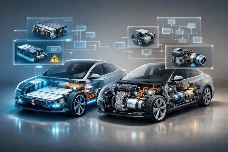 EV and hybrid vehicles EPC visualization showing electric powertrain, battery systems, and digital Electric Product Catalog components.
