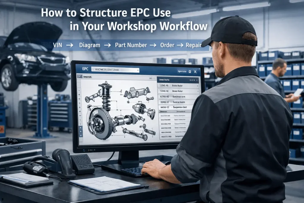 Current image: Structure EPC use in your workshop workflow with a technician using an Electronic Product Catalog system for accurate parts identification and repair planning.