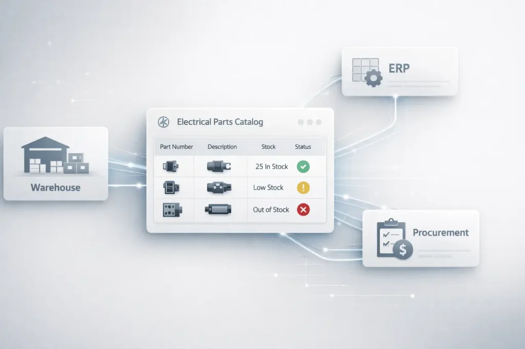 Current image: Real-time parts availability feed via EPC integration showing electrical product catalog connected to inventory and procurement systems in a digital dashboard interface.